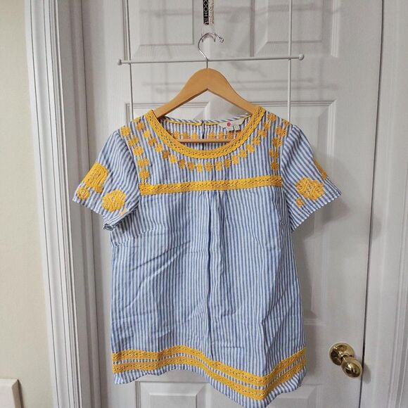 Boden Tops - Boden Blue & White Striped Short Sleeve Top with Yellow Embroidery and Lace Trim